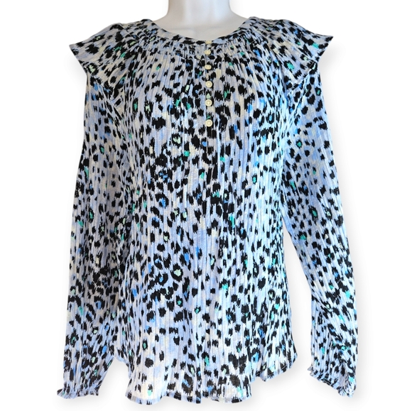 NWOT LOFT blue animal print smocked blouse top Womens Large - Picture 4 of 8